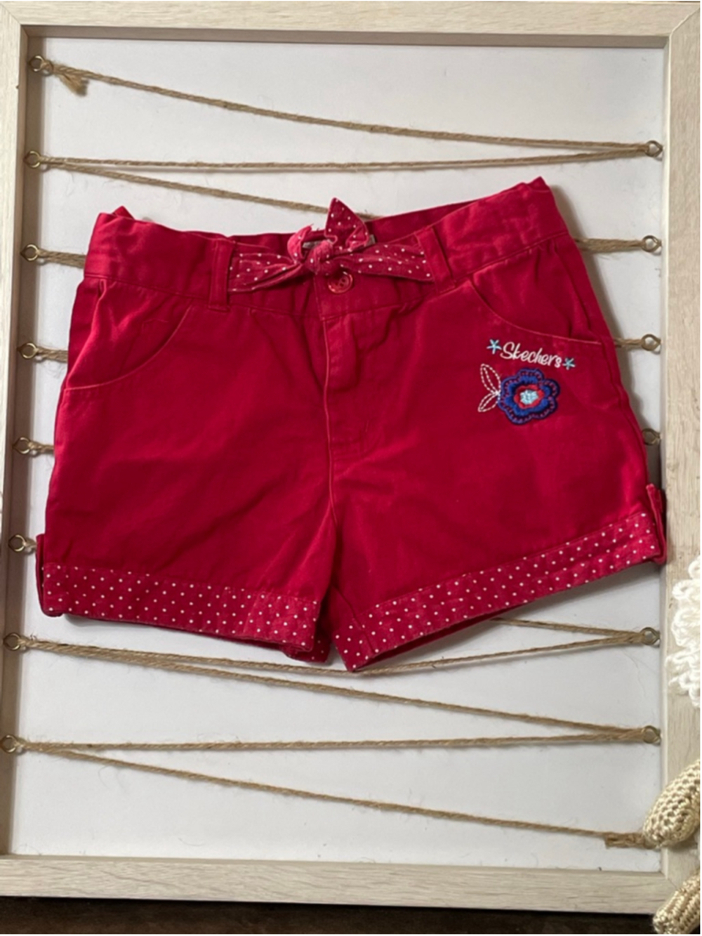 Girls Skechers Red Shorts Y2K Polka Dot Trim & Flower Embroidery 6X
